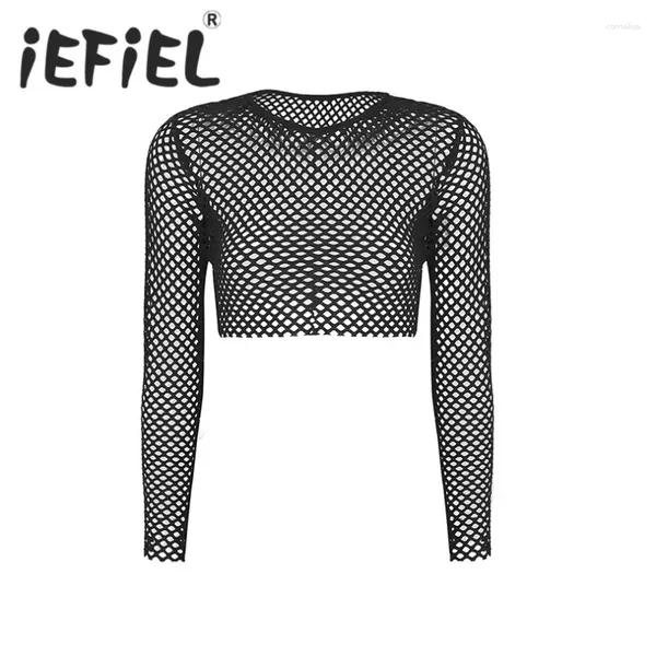 T-shirt da donna IEFiEL Arrivo Donne Adulti Vedere attraverso Maglia a rete elastica Manica lunga Scava fuori Maglia da notte Clubwear T-shirt Cover Up