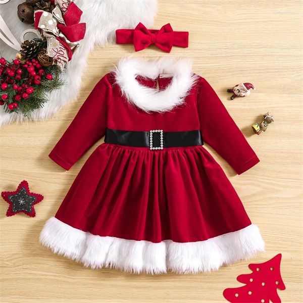 Mädchenkleider Suefunskry Kleinkind Mädchen Weihnachtskleid Langarm Pelzbesatz Samt mit Stirnband Baby Weihnachtsmann Outfit 6 Monate bis 6 Jahre