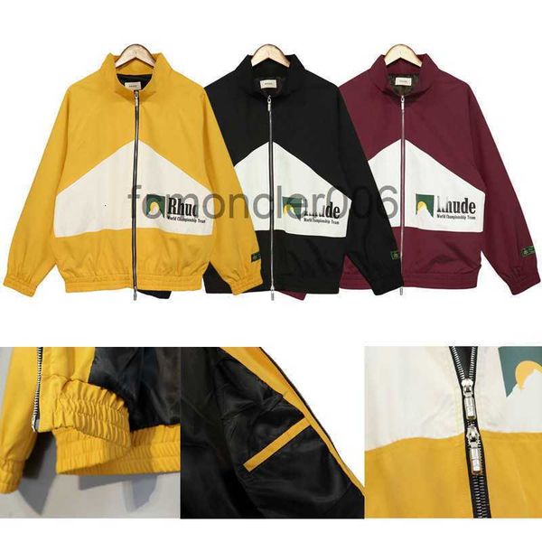 Hoodies masculinos Rhude Hoodie Carta Tidy Color Block Hip-hop Stand Collar Jacket Impressão Cardigan Zipper Casaco Masculino e Feminino Contraste Windbreaker XYSN