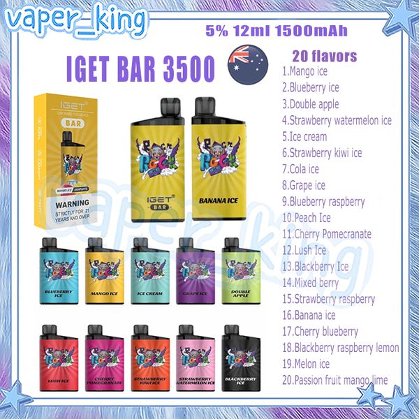 IGET BAR 3500 Puffs Одноразовая электронная сигарета Vape Pen 1500 мАч Перезаряжаемая батарея 12 мл картриджи Испаритель Max Filex поставляется в оригинальном комплекте в Австралии