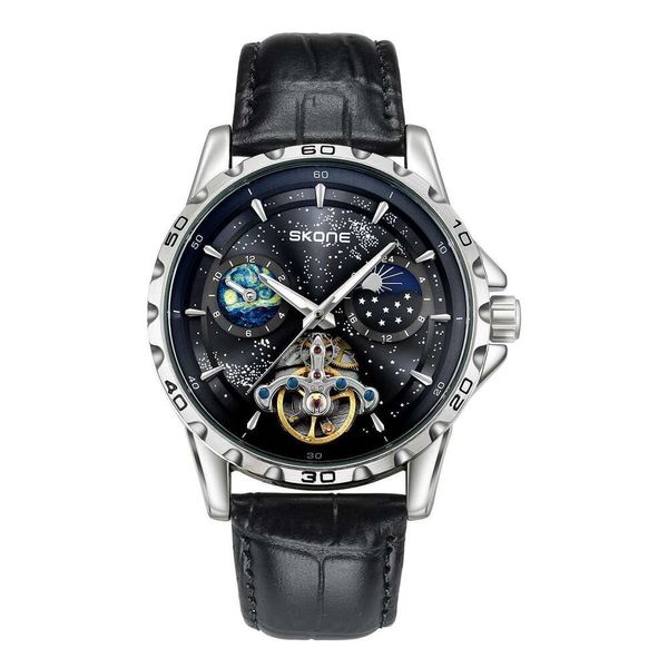 TUO Flywheel Sun, Moon, Stars, Mechanical Watch, New Product, Phantom Series, Business and Leisure's Men's Leather Owatch