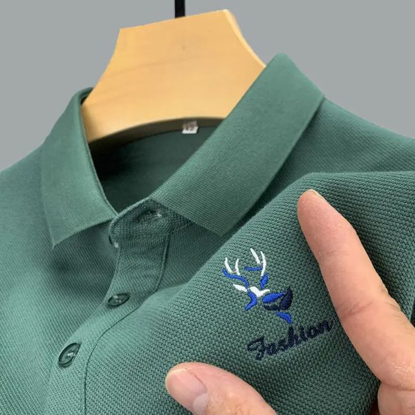 95% algodão camisa polo masculina marca de luxo lapela cabeça de cervo bordado manga longa primavera coreano moda casual golfe camisetas masculinas 240111