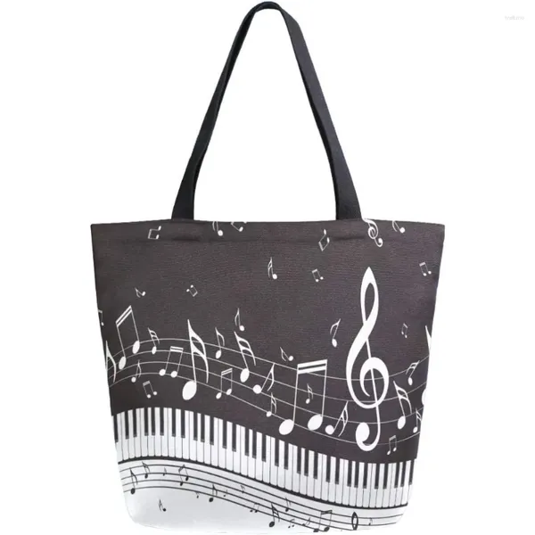 Sacos de compras nota de música lona sacola ombro casual livro grande para mulheres professores bolsa reutilizável uso multiuso