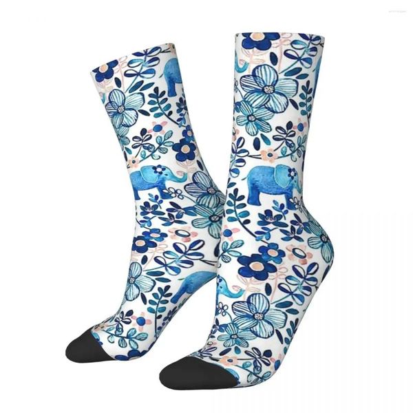 Herrensocken, Elefant und Blumen-Aquarell-Muster, Harajuku, hochwertige Strümpfe, ganzjährig, Accessoires für Mann und Frau