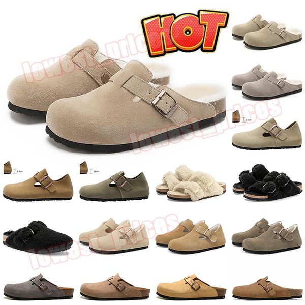 Design: Bostons Clogs, Hausschuhe, Birkinstocks, Sandalen, Herren und Damen, Flip-Flops, Arizonas Kork, flache Sohle, weiches Fußbett, Fell-Slides, Shearling-Wildleder, Bostons Burkin-Loafer, 36–45