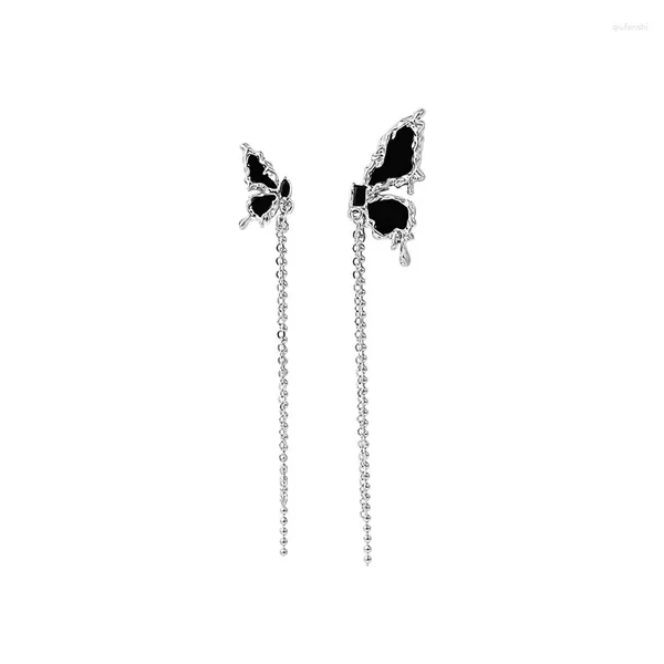 Orecchini pendenti 2024 Farfalla asimmetrica Goccia per le donne Smalto nero Ala Nappa in metallo Orecchino Boucle Oreille Gioielleria raffinata