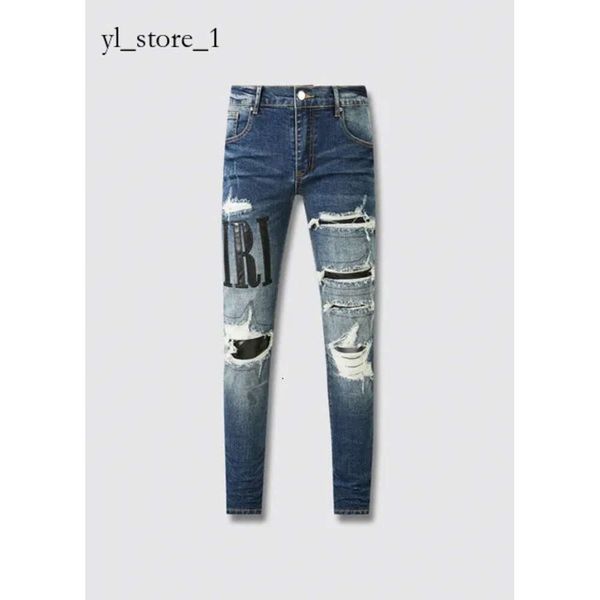 Abbigliamento firmato Amires Jeans Pantaloni denim Amies High Street Fashion Uomo con ricamo blu Toppa in pelle di serpente rotta Slim Fit Piedi piccoli Jeans Kusbi Distr 6751