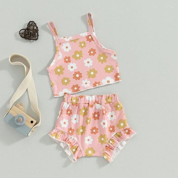 Set di abbigliamento senza maniche estivo per bambina vestito carino con stampa floreale Cami canotte pantaloncini elastici in vita 2 pezzi set di vestiti per bambino