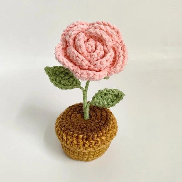 Flores decorativas acabadas rosa girassol margarida vaso crochê tricô fio de lã flor para mulheres presente de aniversário de natal casa