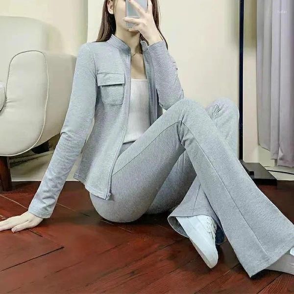 Calças femininas de duas peças Mulheres Sports Set 2024 Outono Fino Algodão 2 peças Manga Longa Jaqueta Calças 2 PCS Senhoras Moda Slim Terno