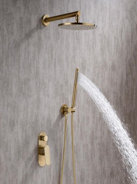 Gebürstetes Gold Badezimmer-Duschset 810 Zoll Rianfall Duschkopf Wasserhahn Wandmontage Duscharm Mixer Umsteller 5471848