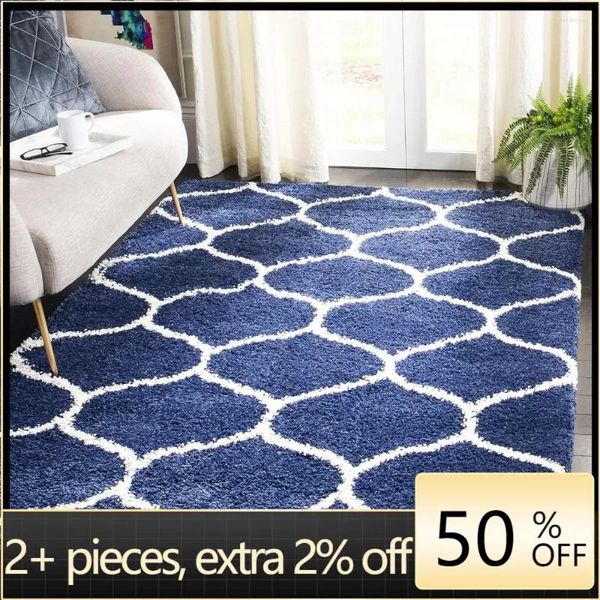 Carpets Collection Teppich – 9' x 12' Malbon Navy Ivory Anime Marokkanisches Ogee Trellis Design Matte für Flur Schlafzimmer Frachtfreie Teppiche