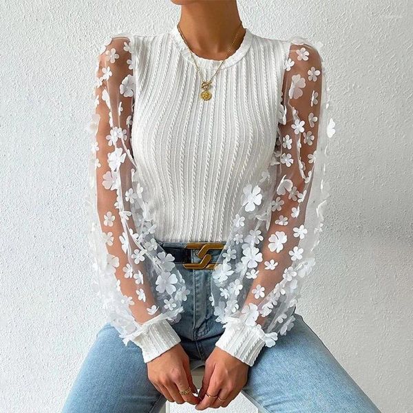 Frauen Blusen Mesh Kleine Blume Chiffon Hemd 2024 Frühling Sommer Rundhals Schlankheits Pullover Langarm Top