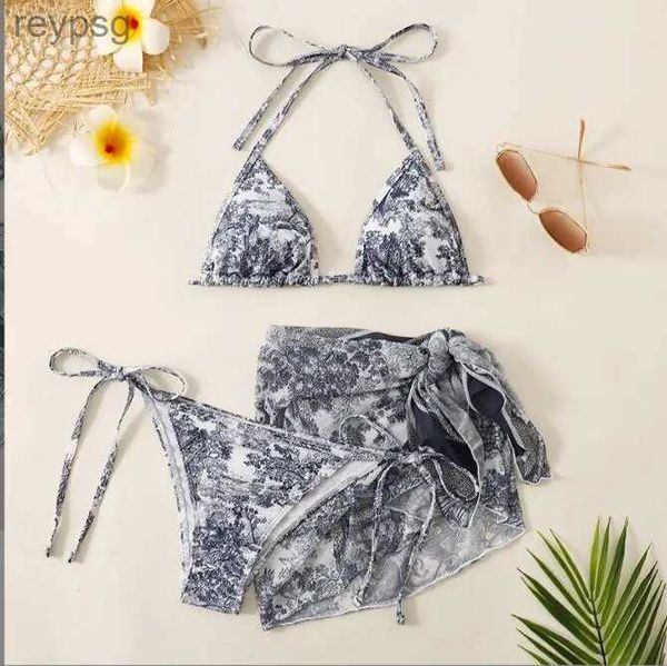 Kadın Mayo 2023 Yeni Modeli Marka Mürekkep Boya Bikini Tasarımcısı Drawstring Mayo Düzenli Üç Parça Set YQ240112