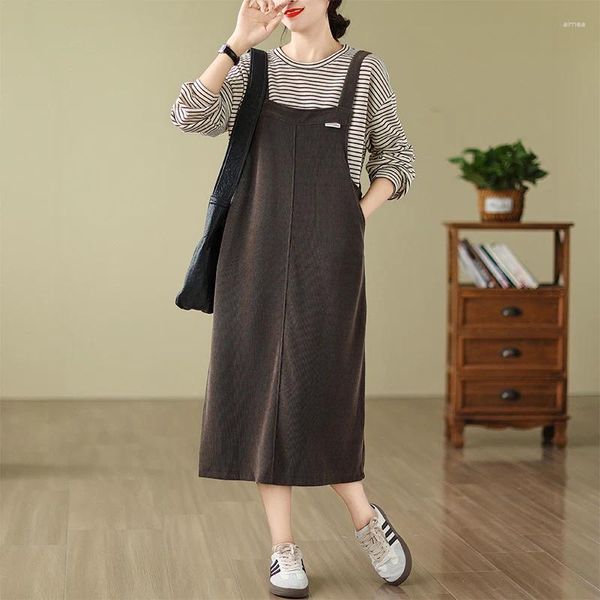 Abiti casual stile coreano giapponese senza maniche velluto a coste vintage autunno inverno capispalla abito con cinturino signora lavoro moda donna primavera