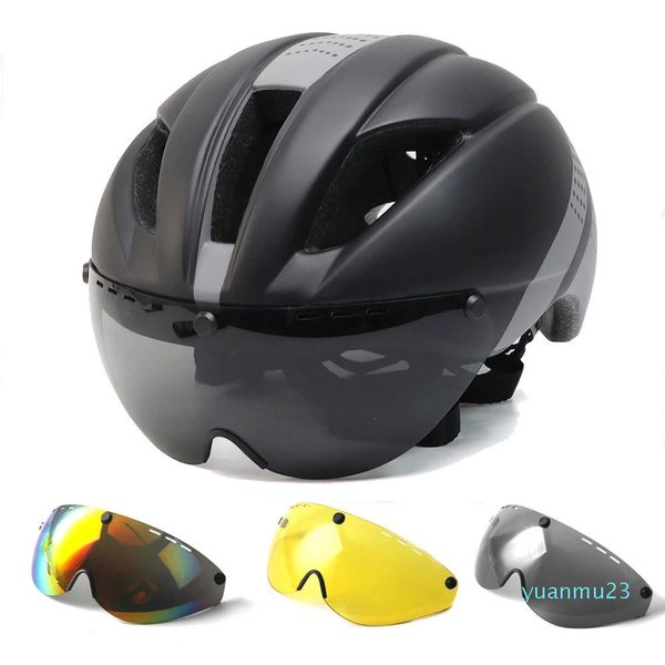 Caschi da ciclismo Aero TT Time Trial Casco da ciclismo per uomo Donna Occhiali da corsa Casco da bici da strada con lente Casco Ciclismo Attrezzatura di sicurezza per bicicletta