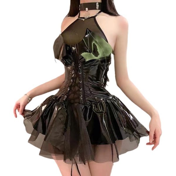 Sexy PU-Leder-Riemen-Ketten-Latex-Kleid für Damen, ärmelloses Neckholder-A-Linien-Minikleid aus Kunstleder