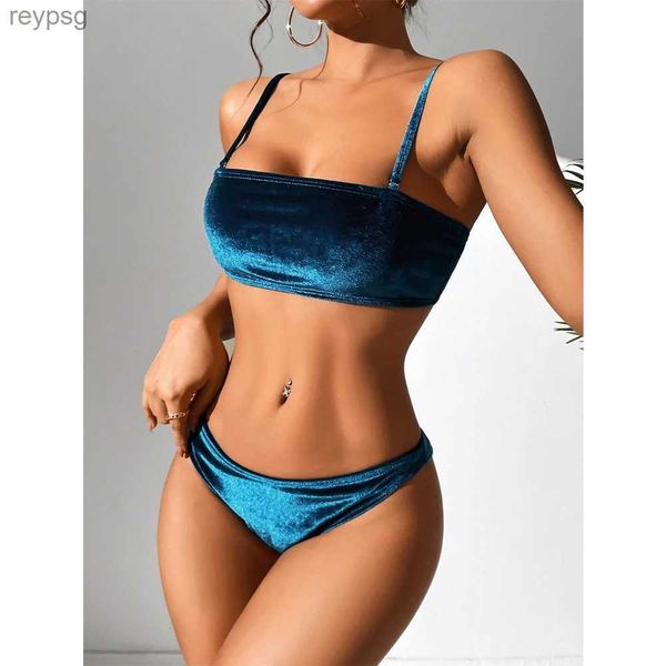 Bikinis de veludo de roupas de banho feminina Conjunto 2023 Mulheres Bandeau brasileiro Banda de banho sólida Batilhas de roupas de praia sexy sexy Bathing Swimming Swim Suit YQ240112