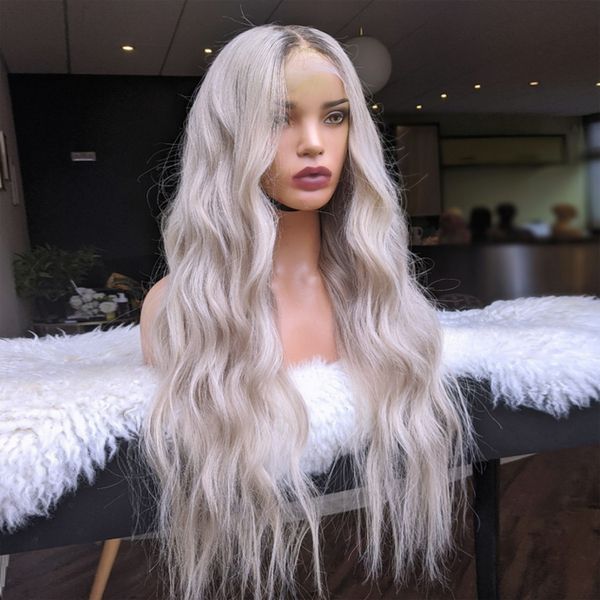 Brasilianische 13x4 Ombre Grau Deep Wave Frontal Perücke Farbige Körperwelle Lace Front Perücke Transparente synthetische Spitzeperücken für Frauen