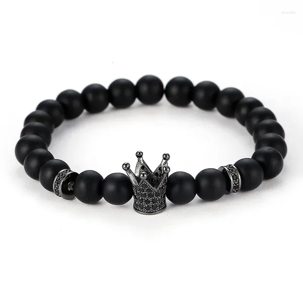 Strand na moda preto fosco contas de pedra pulseira pavimentar cz 4 cores coroa e folha para mulheres nobre jóias artesanais pulseras