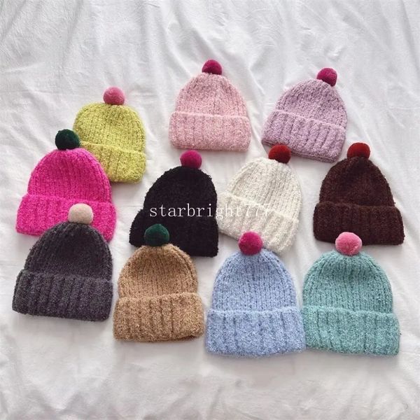 Gestrickte Beanie-Mütze für Mädchen im koreanischen Stil mit bunten kleinen Bommelkugeln, Winter, warm, für Kinder, Babys, Jungen, Schädeldecke, Motorhaube, Bebes Gorros