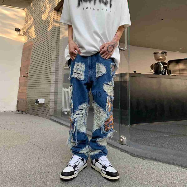 Jeans da uomo Street Wear Jeans strappati effetto consumato Toppe Y2k Jeans ricamati per uomo Pantaloni in denim strappato lavato bello Hip Hop Gamba dritta