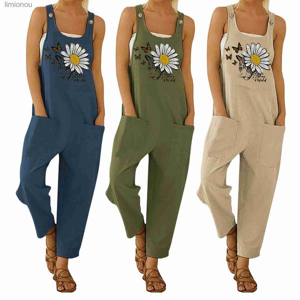 Jumpsuits von Frauen Rompers Frauen losen Overalls Schmetterling und Blumenmuster U-förmiger Kragen ärmellose Overalls weibliche Sommer-Freizeit-Rompersl240111