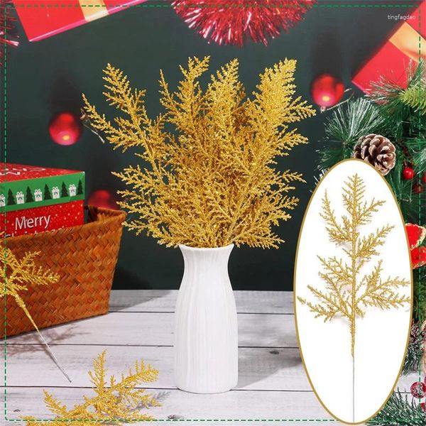 Flores decorativas 5 pçs plantas artificiais ramos de pinheiro brilho ouro prata cor folhas árvore de natal decoração ano 2024 navidad casa