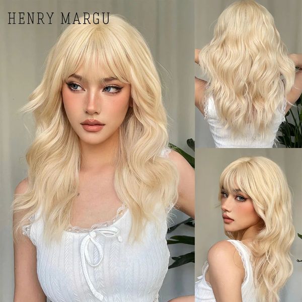 HENRY MARGU Lange gewellte blonde synthetische Perücken für Frauen, Platin-Tages-Naturhaar-Perücken mit Pony, hitzebeständige Cosplay-Perücken, 240111