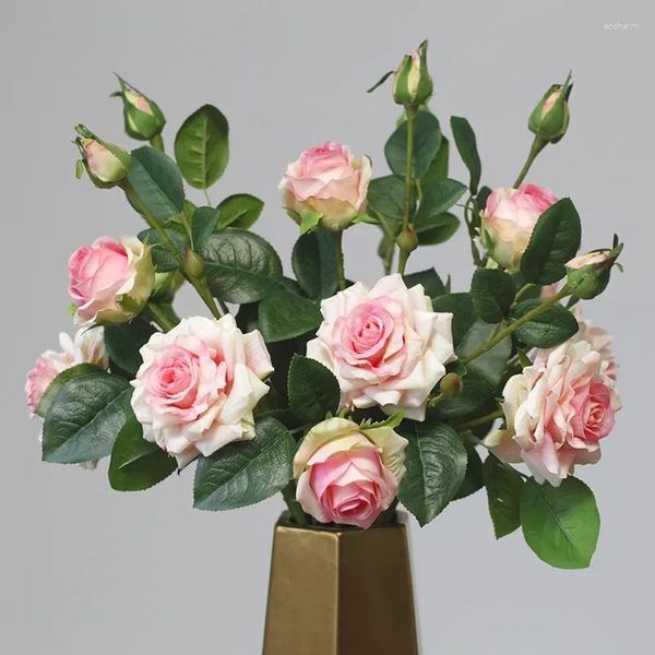 Flores decorativas 2 pçs 3 cabeças de alta qualidade rosa falso artificial mão sentir plantas casa sala estar escritório festa decoração