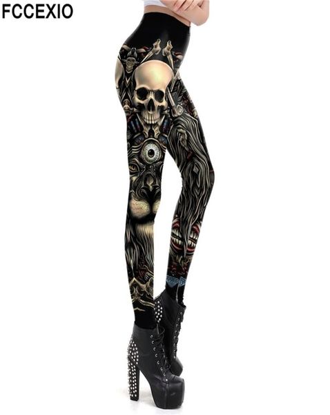 FCCEXIO Moda Skull Design Punk Donna Legging Stile Gotico Leone Retro Vintage Steampunk Leggins Pantaloni alla caviglia Cosplay Leggin 220711692076