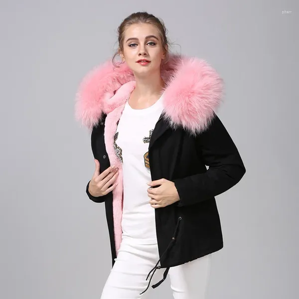 Casacos de Trench das Mulheres Parkas Mujer Inverno Mulheres Reais 2024 Natural Guaxinim Casaco Com Capuz Casaco Destacável Forro Feminino Solto Causal