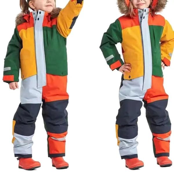 Wasserdichter, mit Baumwolle gepolsterter Kinder-Skioverall für Jungen und Mädchen, Winter, winddicht, warm, Outdoor-Fleece, Kinder-Ski- und Snowboard-Anzug 240111