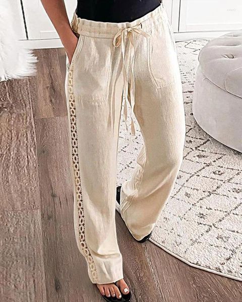 Женские брюки, однотонные женские хлопковые льняные летние брюки с завязками и эластичной резинкой на талии, женские повседневные длинные карманы с карманами