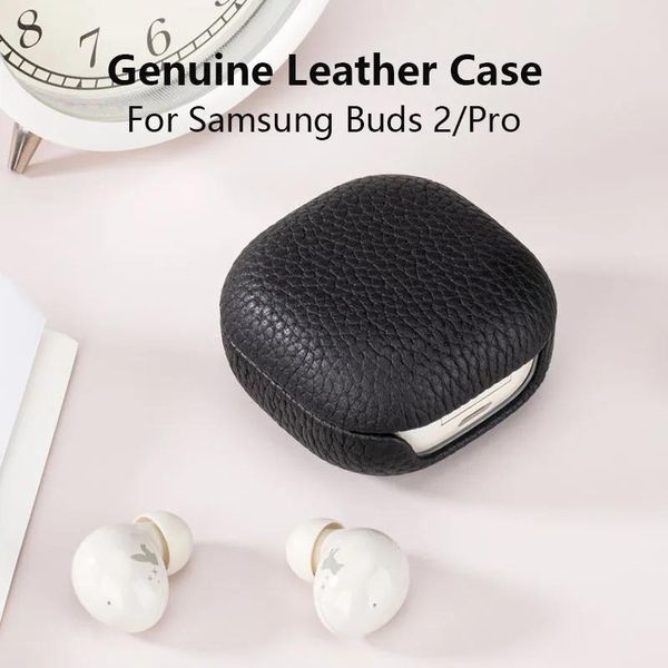 Acessórios capa de couro genuíno para samsung galaxy buds 2 capa artesanal de couro para galaxy buds pro lichia padrão fone de ouvido casos