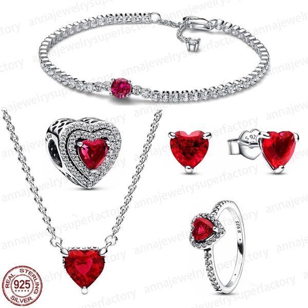 2024 Designer 925 Sterling Silver Charms Pulseiras Jóias Conjunto de Cinco Peças de Blink Red Heart Series Pulseira Colar Anel Fit Pandora Luxo Presente do Dia dos Namorados