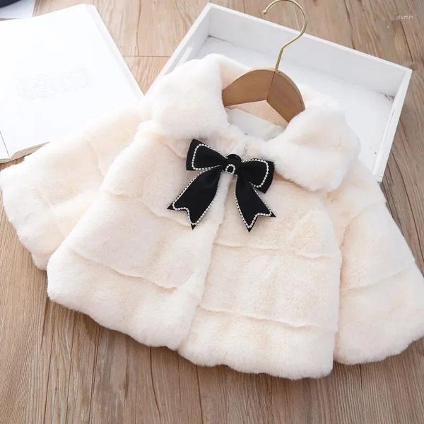 Jaquetas outono inverno grosso roupas da menina do bebê arco imitação de pele capa casaco da criança meninas roupas 1st aniversário outerwear casacos