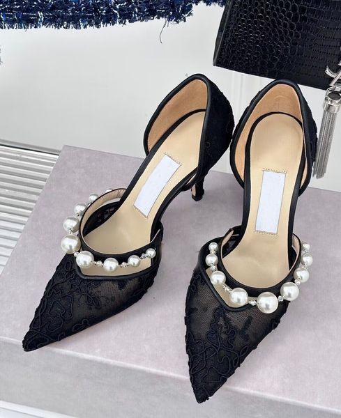 2024 bombas de casamento nupcial sapatos de luxo aurelie sandálias femininas dedo apontado com enfeite de pérola tiras branco preto laço festa de casamento salto alto EU35-43 com caixa