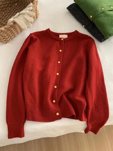 Cardigan da donna in maglia con piccoli bottoni dorati, girocollo, morbido maglione lavorato a maglia glutinoso per l'autunno e l'inverno