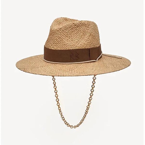 Berretti con cinturino a catena Cappello Fedora in paglia Cappelli da spiaggia impreziositi con catena per donna Cappelli da sole intrecciati in paglia Cappello Panama per le vacanze estive