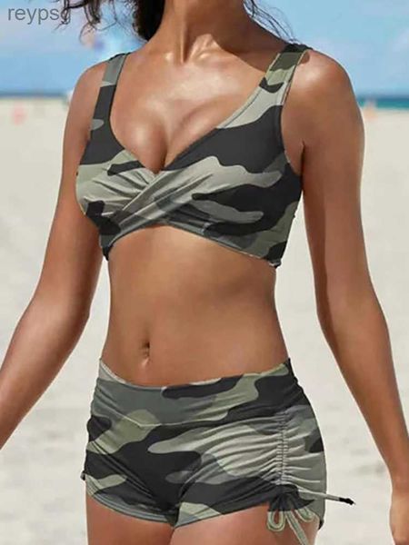 Damenbadebekleidung Frauen Camouflage Print Bikini Badeanzug Sommer Push Up Backless Bandage Schwimmen Set Weibliche Kordelzug Shorts Badeanzüge YQ240112