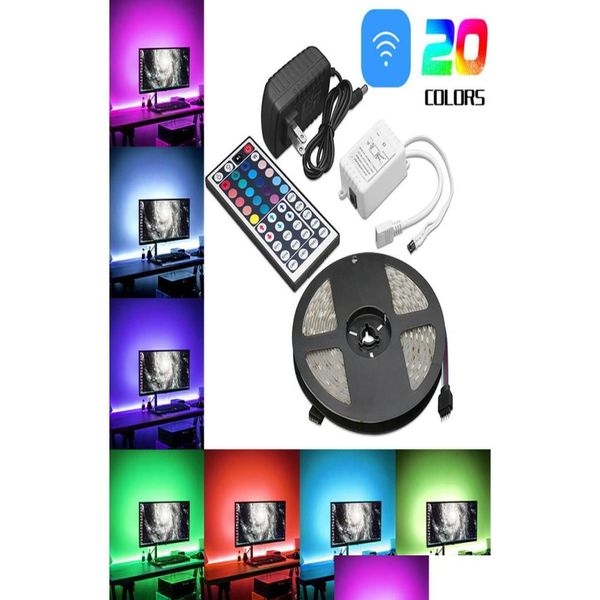 Outros acessórios de telefone celular 5M Rgb 5050 impermeável LED Strip Light SMD 44 Key Remote 12V Us UE Power Fl Kit Flexível com OPP Bag62 Dhbsy