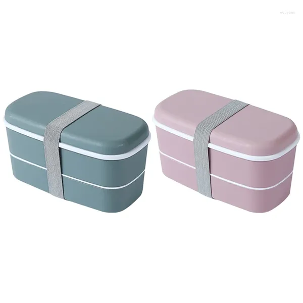 Louça 2Set Microwavable 2 Layer Lunch Box com compartimentos à prova de vazamento Bento recipiente isolado rosa verde