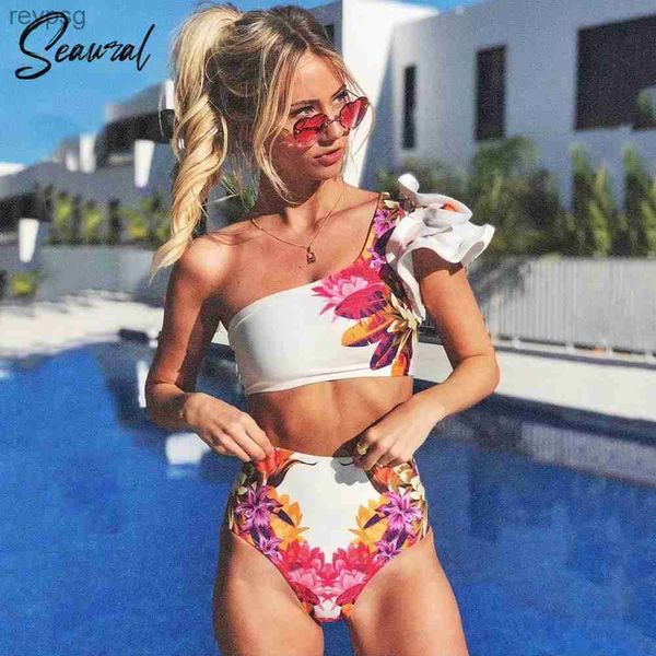 Mulheres de banho 2023 nova cintura alta sexy plissado bikini conjunto maiô um ombro feminino impressão floral maiô beach wear biquini yq240112