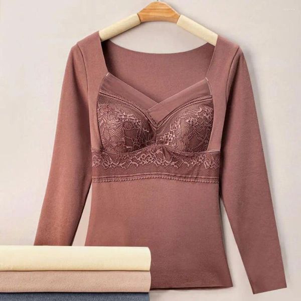 Blusas femininas Mulheres Térmica Top Acolhedor Inverno V-Pescoço Lace Acolchoado Pulôver Para Pelúcia Grossa Quente Com Sem Costura Macia