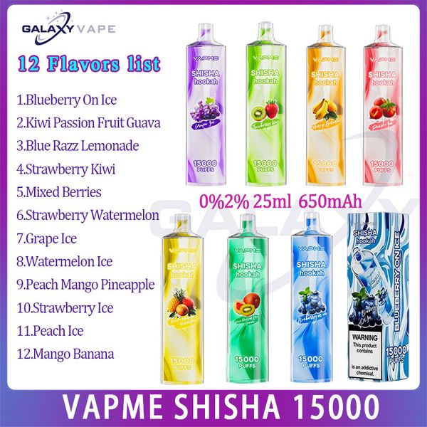 Оптовая продажа с фабрики Кальян VAPME SHISHA 15000 Слойка Одноразовые электронные сигареты Аккумулятор 650 мАч Аккумуляторная сетчатая катушка 25 мл Электронные сигареты Слойка 15 тыс. В наличии 12 вкусов