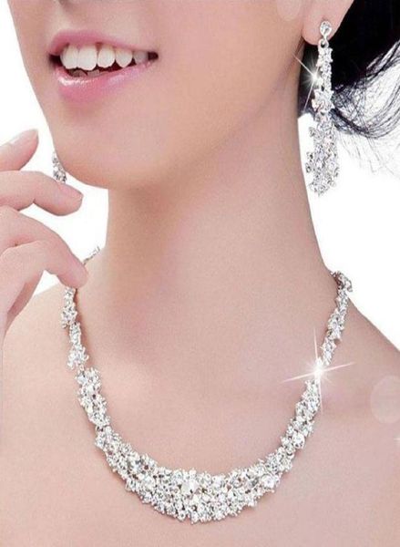 Conjunto de joias de noiva de cristal barato colar banhado a prata brincos de diamante conjuntos de joias de casamento para noivas damas de honra mulheres nupciais A9323662