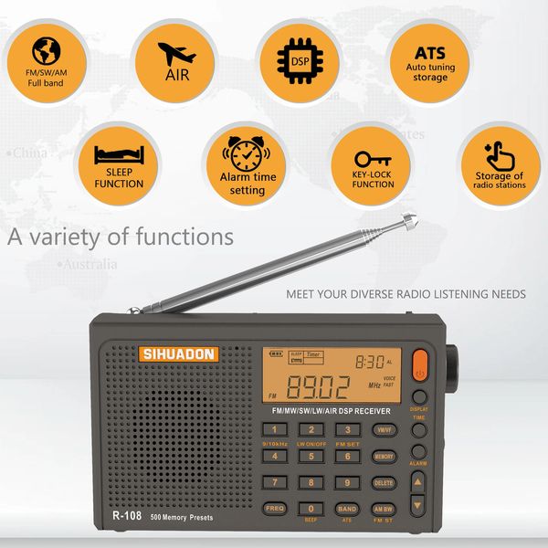 SIHUADON R108 Radio FM Stereo Digital Tragbarer AM SW Luftempfänger Alarmfunktion Anzeige Uhr Temperatur Lautsprecher 240111