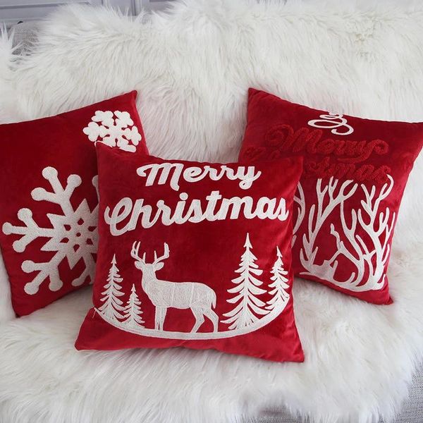Cuscino ricamato con toppa natalizia rossa, fodera in velluto, festival allegro, federa decorativa per la casa