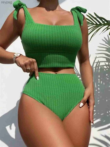 Costumi da bagno da donna Bikini a vita alta 2023 Costume da bagno verde tinta unita Cinturino a coste Push Costume da bagno Bikini Maillot De Bain YQ240112